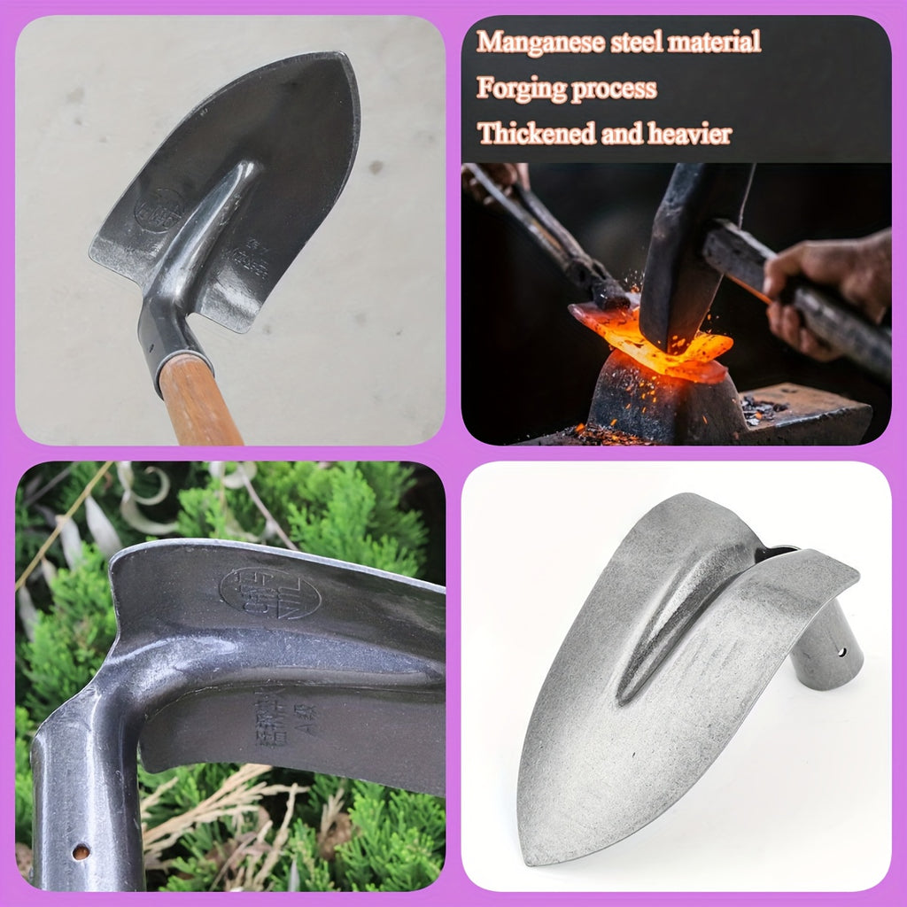 Bêche de jardin en acier manganèse, robuste et épaissie, manche ergonomique, construction durable, idéale pour travaux extérieurs intensifs.