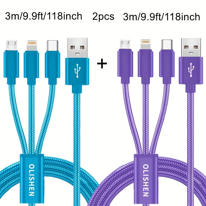Lot de 2 Câbles 3-en-1 à Charge Rapide : Nylon tressé durable, compatible iPhone, Samsung, Xiaomi et autres, sortie 10 W, USB.