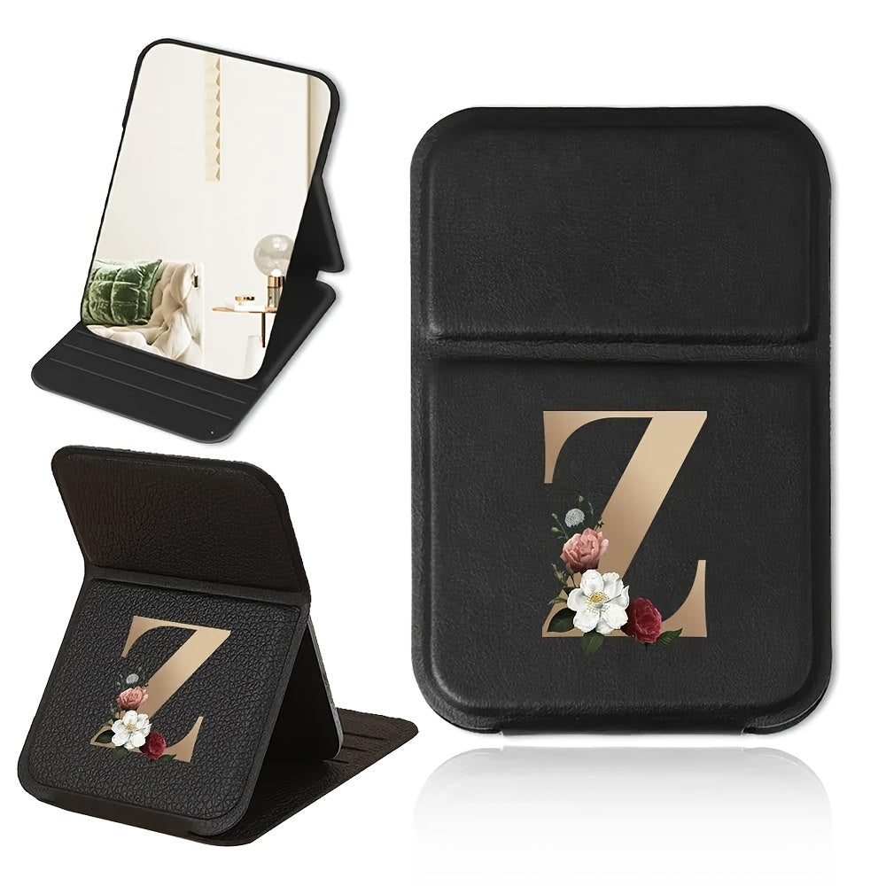 Portable folding makeup mirror, black and gold floral design, lightweight, waterproof and dustproof, perfect gift for teachers and loved ones.
