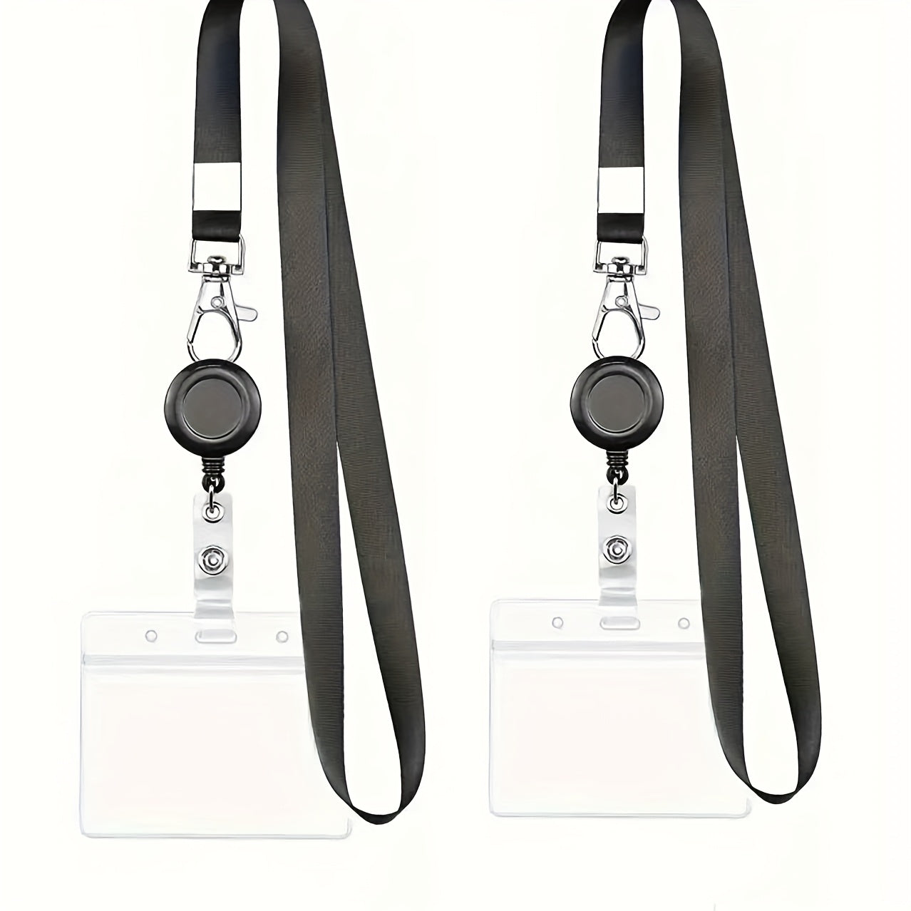 Lot de 2 lanières noires avec enrouleur rétractable et clip ID, accompagné de cartes verticales, parfait pour enseignants et bureaux.