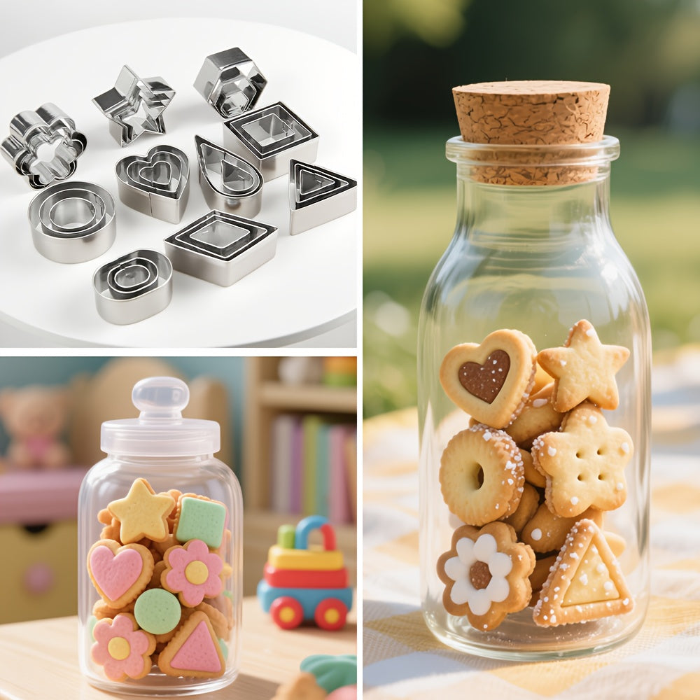 Lot de 30 emporte-pièces miniatures avec boîte, formes géométriques variées, parfaits pour biscuits, chocolat, fruits, pâte à modeler et créations culinaires.