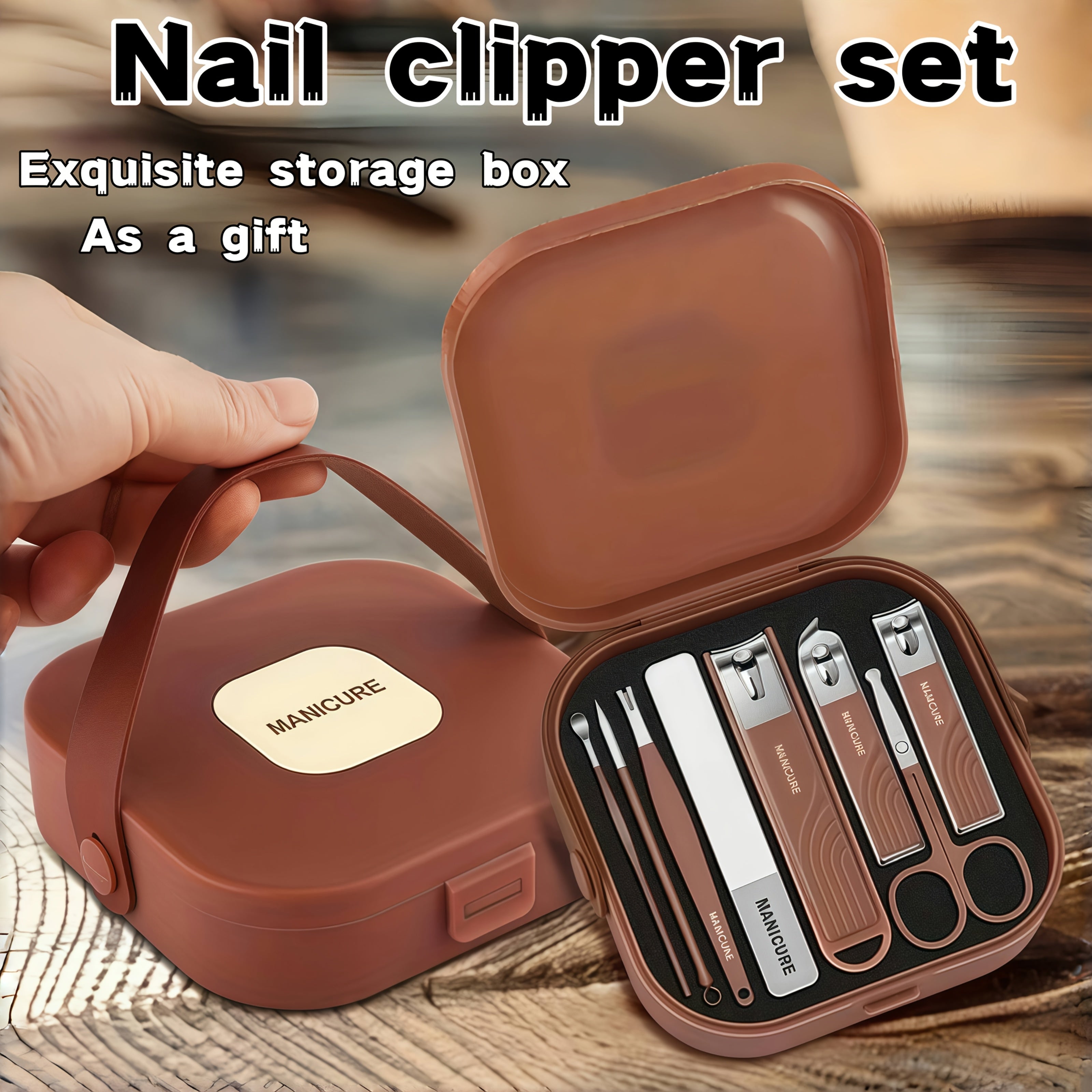 Set de 8 coupe-ongles en acier inoxydable avec boîte de rangement, étanche et portable, parfait pour soins personnels et voyage.