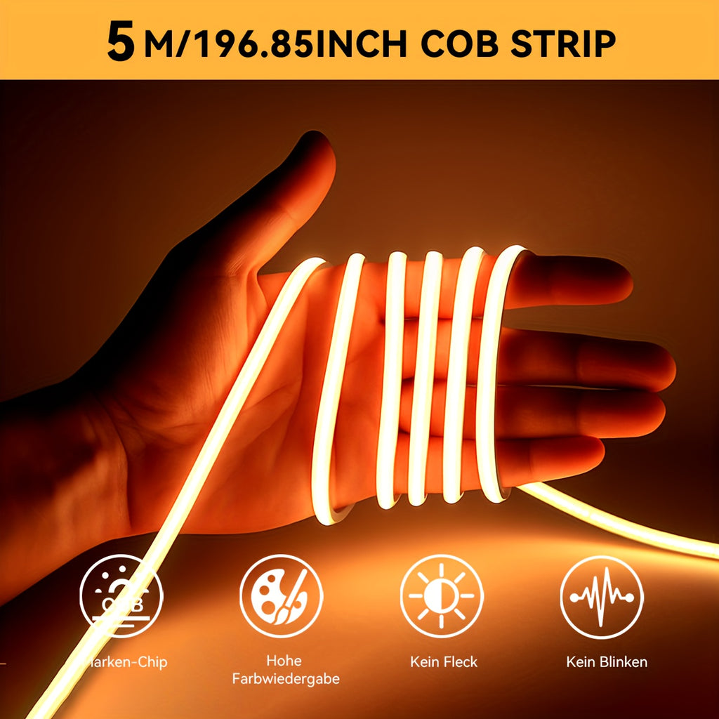 Ruban LED COB HOTU : Flexible, adhésif, découpe possible, 400 LED/m, lumière blanc chaud à blanc jour (3000-6500 K), idéal chambre et sous-meubles.