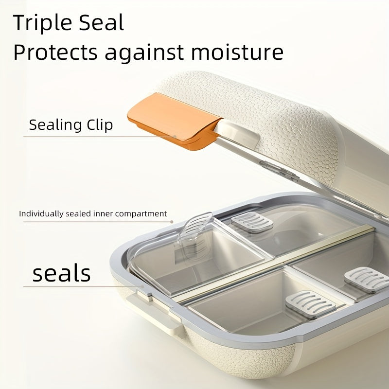 7-day pillbox with orange handles, large capacity, dust and moisture resistant, ideal for vitamins and medications while traveling.