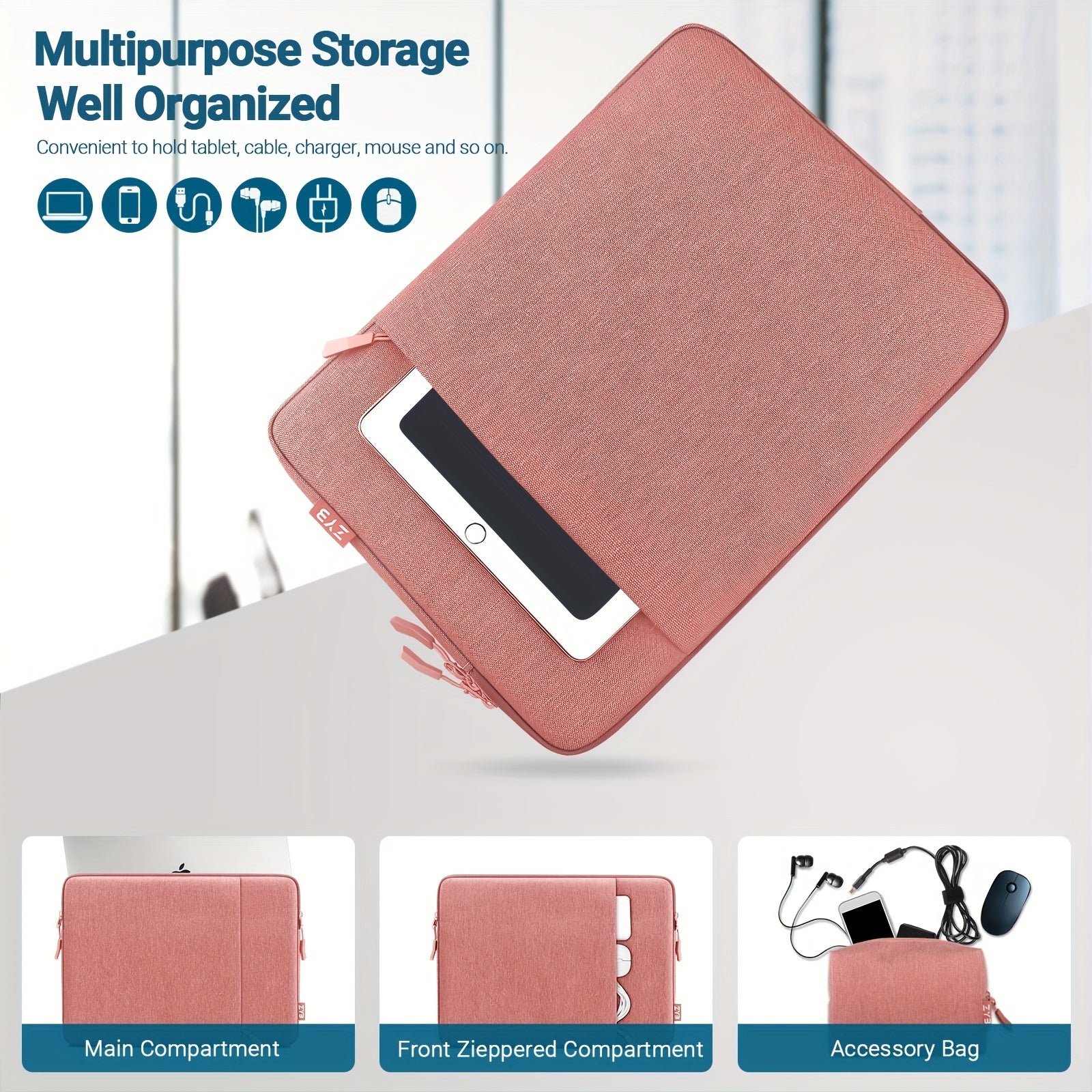 Housse de protection pour ordinateur portable, compatible MacBook et autres notebooks de 13,5" , avec compartiment accessoires, design rose, transport sûr et élégant.