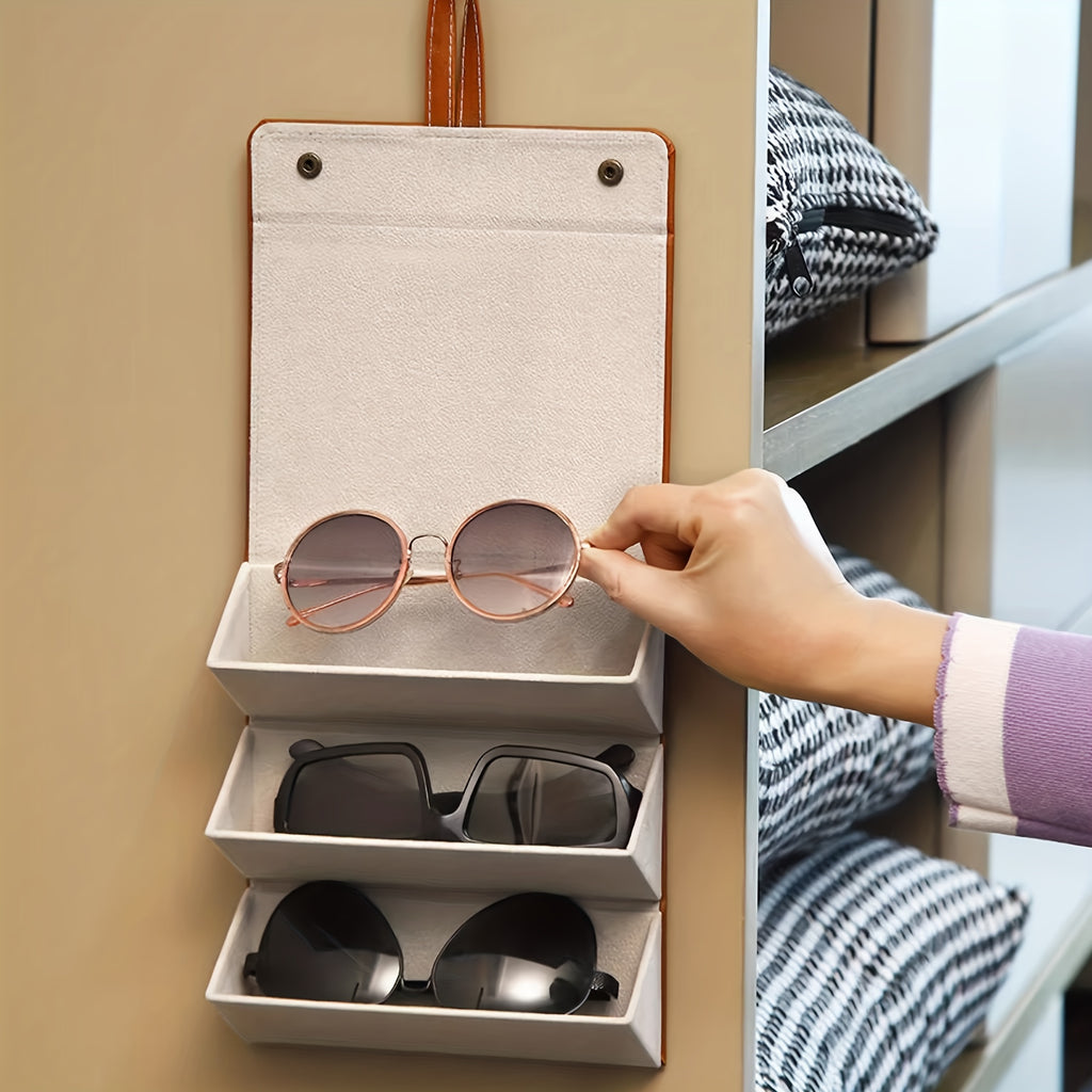 Foldable organizer for glasses, 3 to 6 slots, ideal for travel and convenient display of multiple pairs of glasses.