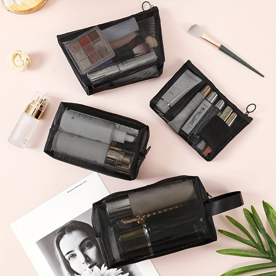Set de 4 pochettes en filet avec poignées – grand, moyen, petit, multifonction : maquillage, monnaie, documents, voyage ou maison.