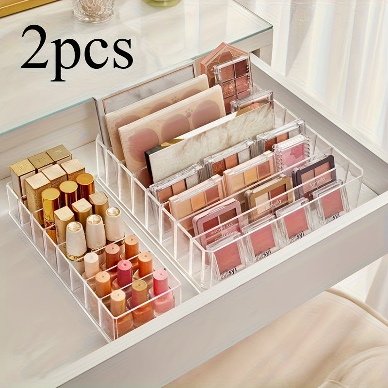 Set of 2 multifunctional transparent trays for cosmetics, ideal for organizing lipsticks, nail polish and eyeshadows on the counter without electricity.