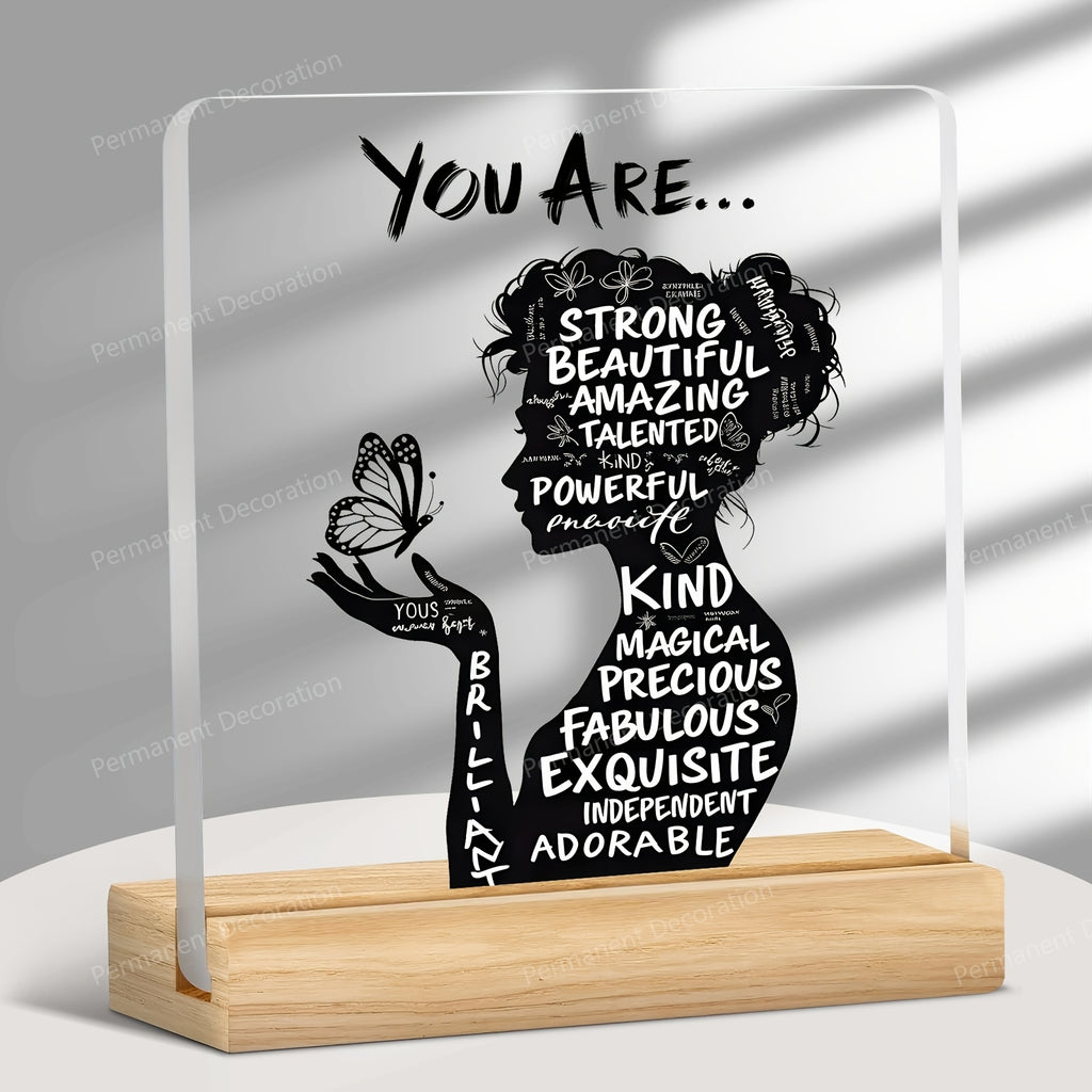 Décoration de bureau acrylique 2D avec affirmations positives « You Are Powerful, Beautiful, Amazing », design élégant, idéale maison, bureau ou café, cadeau parfait.