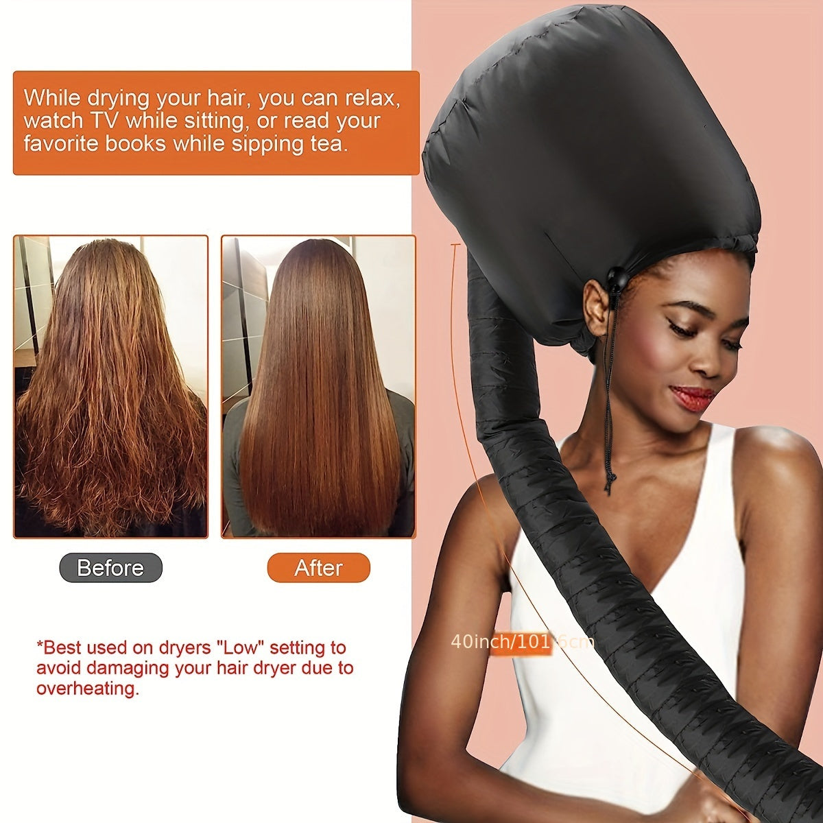 Soft hair dryer cap with headband, heat resistant, for deep conditioning and styling, without electricity, ideal for textured hair.