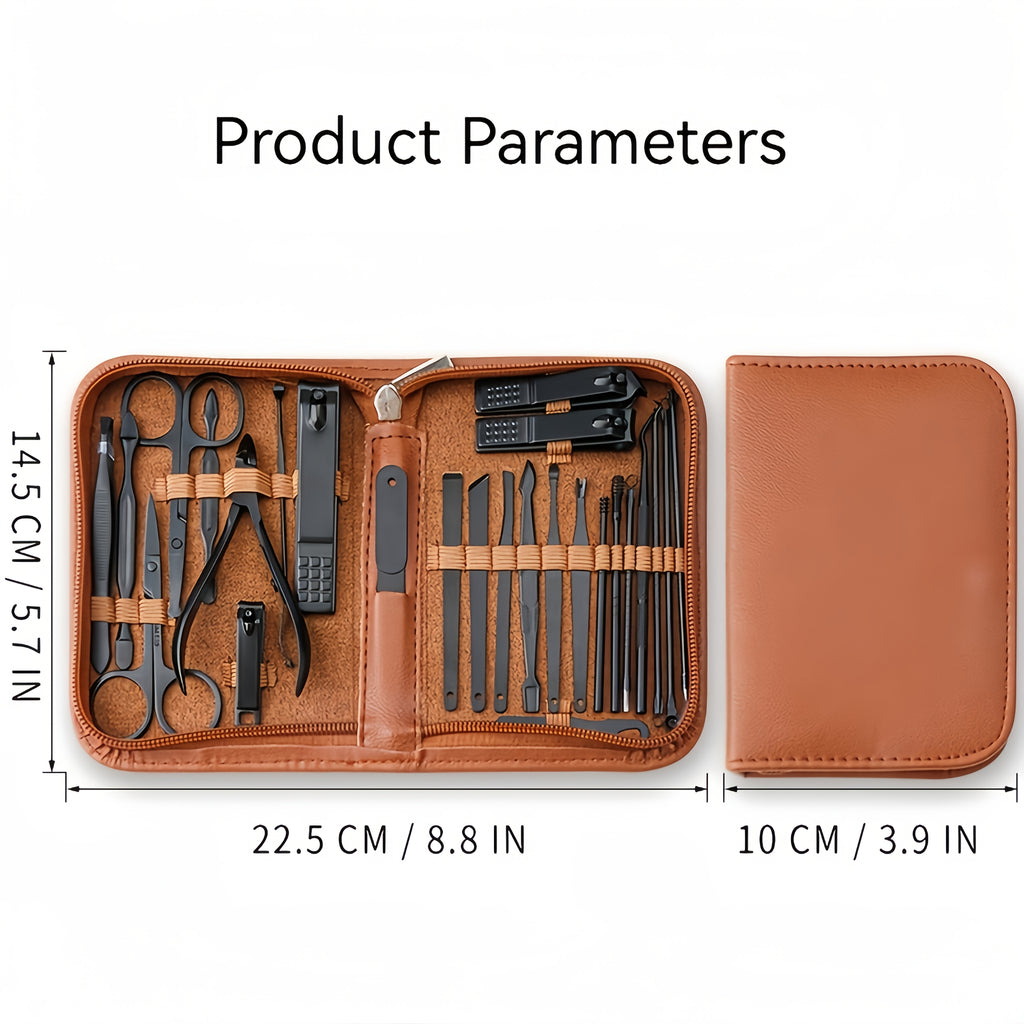 Set manucure-pédicure 26-en-1 en acier noir, outils pliables complets avec étui imitation cuir, pour soins des ongles hommes et femmes.