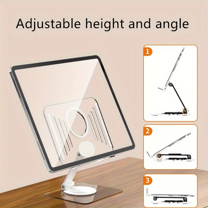 360° rotating acrylic stand for tablet and computer, adjustable and foldable, ergonomic, with heat dissipation, ideal for reading, gaming or video conferencing.