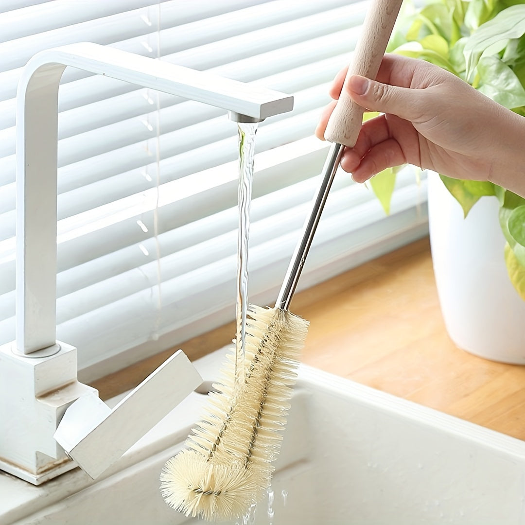 Set of 4 Multi-Size Cleaning Brushes: Wooden handles, reusable and ergonomic, ideal for kitchen, bottles and household cleaning, with a long brush with a hanging hole.