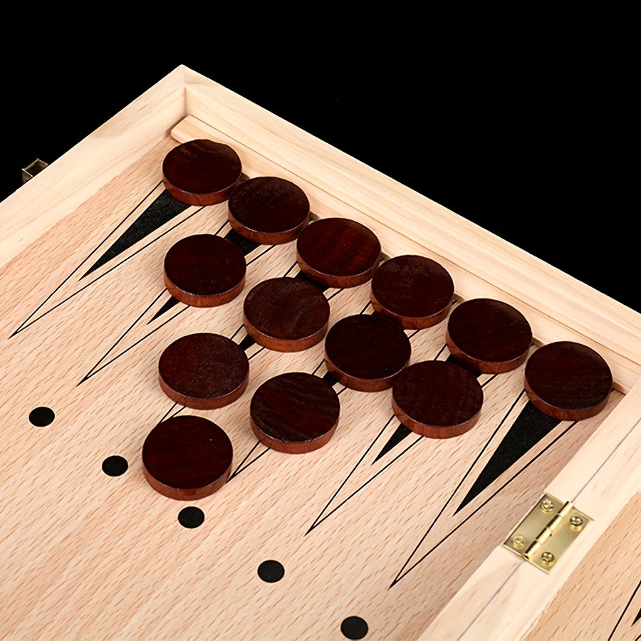 Wooden 3-in-1 chess set, foldable and portable, sizes 24 cm and 34 cm, ideal for games on the go.