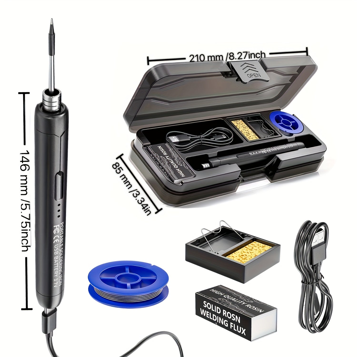 Wireless USB soldering iron with 3 heat settings, stand, flux and carrying case, compact and lightweight, ideal for DIY and home workshop.
