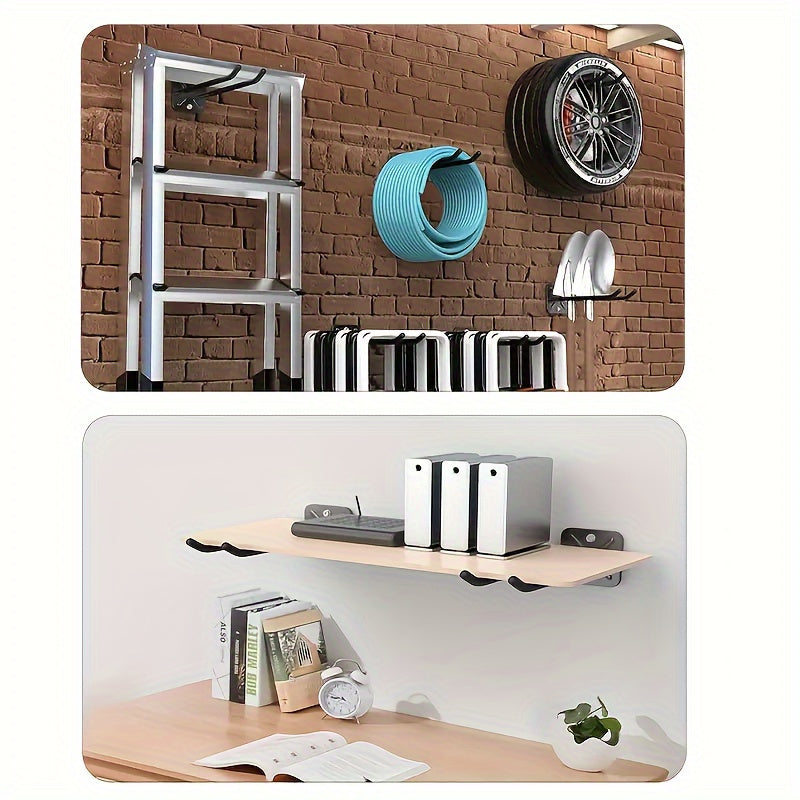 Support mural en fer robuste, rangement polyvalent garage et jardin, pour pelles, râteaux et balais, gain de place, finition métallique noire.