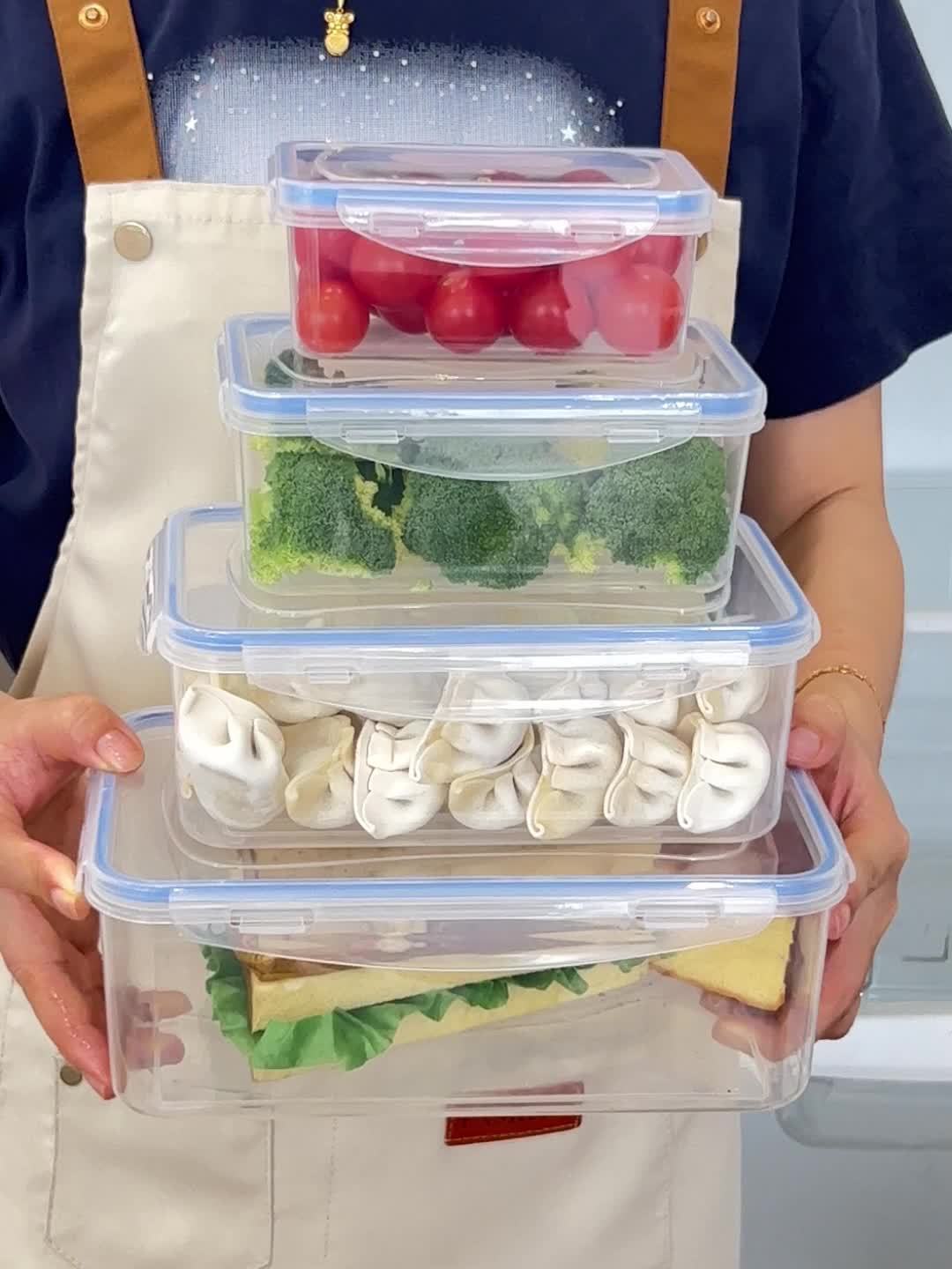 Set de 8 boîtes repas plastiques rectangulaires, 4 tailles, couvercles flip-top, réutilisables, micro-ondes et congélateur, anti-odeur, parfait pour légumes, fruits et snacks.