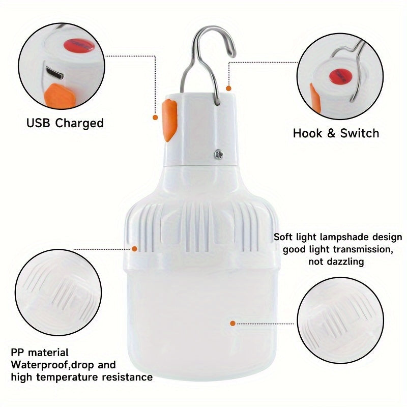 Ampoule LED Rechargeable USB : Portable, haute luminosité, avec crochet, idéale pour camping, aventures, pêche et situations d’urgence.