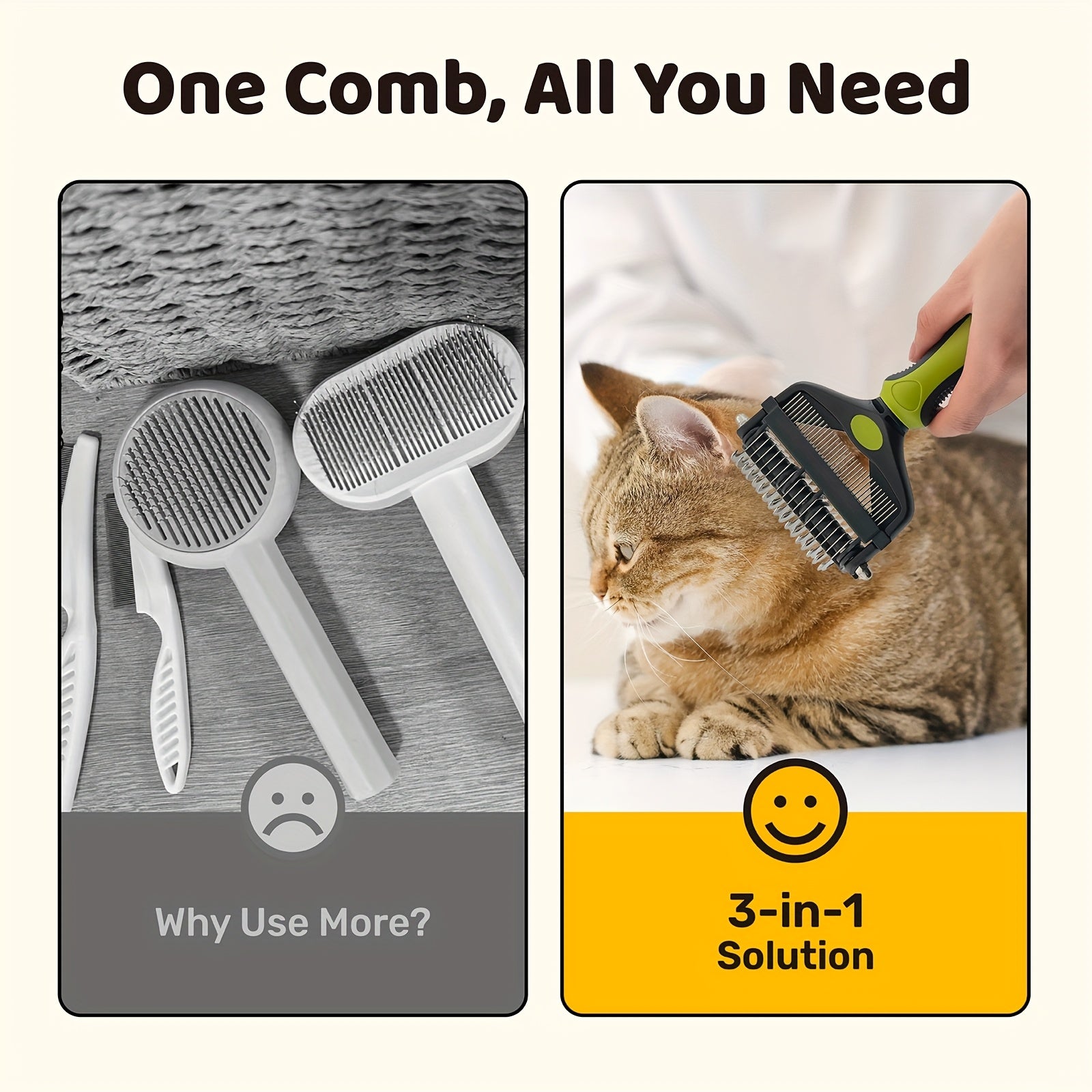 3-in-1 pet grooming tool. Undercoat rake, slicker brush, detangling comb for long and short hair, ideal for dogs and cats.