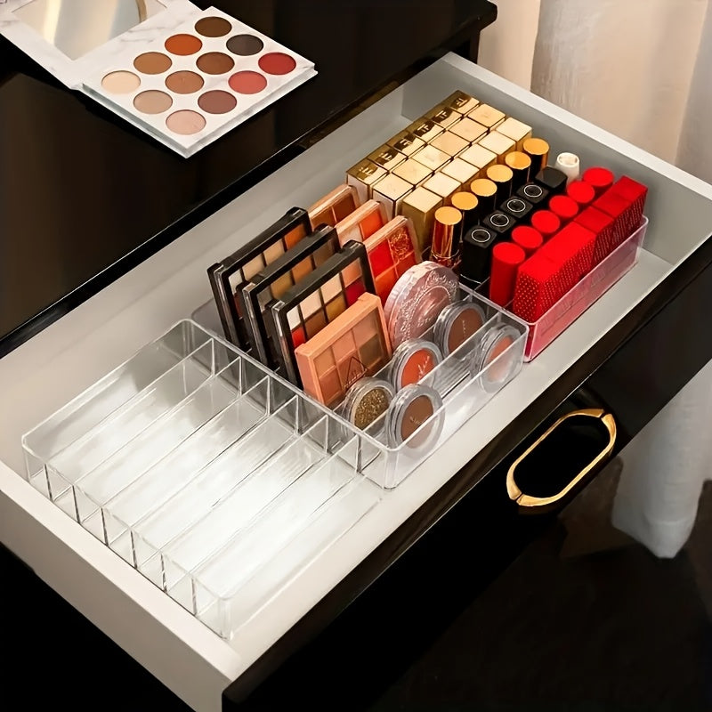 Organisateur maquillage transparent 7 compartiments, rangement pratique pour rouges à lèvres, fards et essentiels de salle de bain.