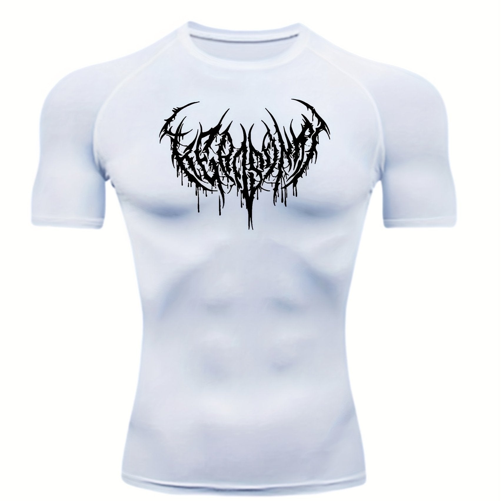 T-shirt compression homme, séchage rapide, tissu respirant et extensible, motif musculaire, maintien slim, idéal gym, cyclisme, boxe et entraînement.