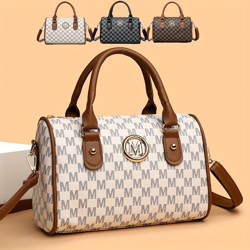 Lily women's mini shoulder bag, elegant houndstooth design, gold 'M' monogram, removable shoulder strap, lightweight synthetic leather, ideal for work, travel and outings.