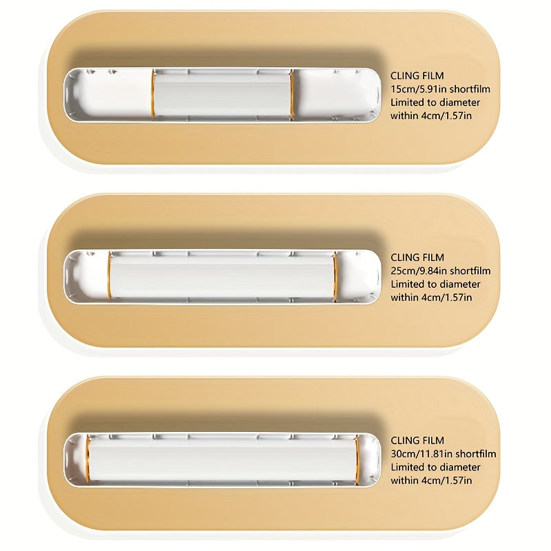 Reusable double-action dispenser and cutter for plastic film, aluminum, baking paper and wax, modern white/black design with orange accents.