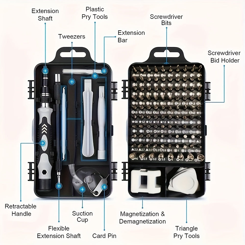 VVIA 115-piece kit, multi-purpose precision screwdriver for phones, watches and electronic devices, compact for maintenance and disassembly.