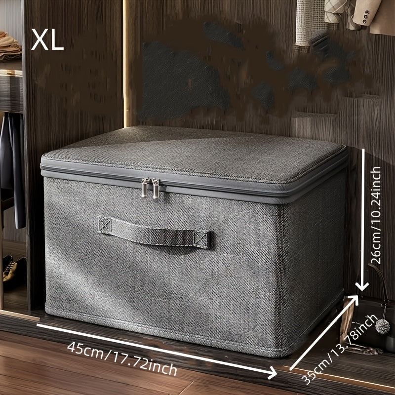 Boîte de rangement empilable extra-large avec couvercle rabattable, conçue en polyester robuste pour un stockage vertical optimal dans les petits espaces.