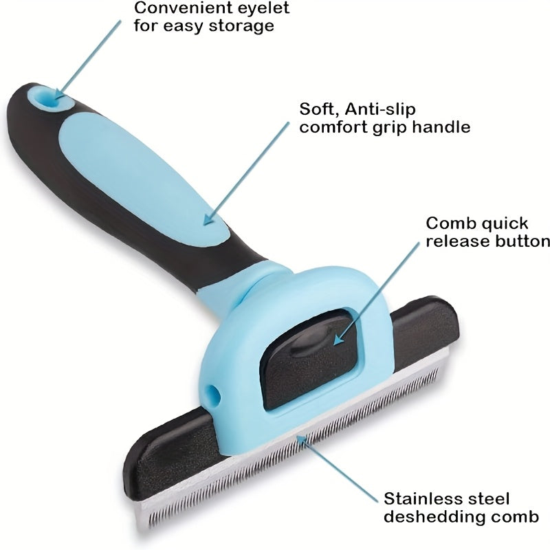 Professional pet deshedding brush. Reduces hair by 95%, ergonomic, electricity-free, blue and black design, for all breeds.