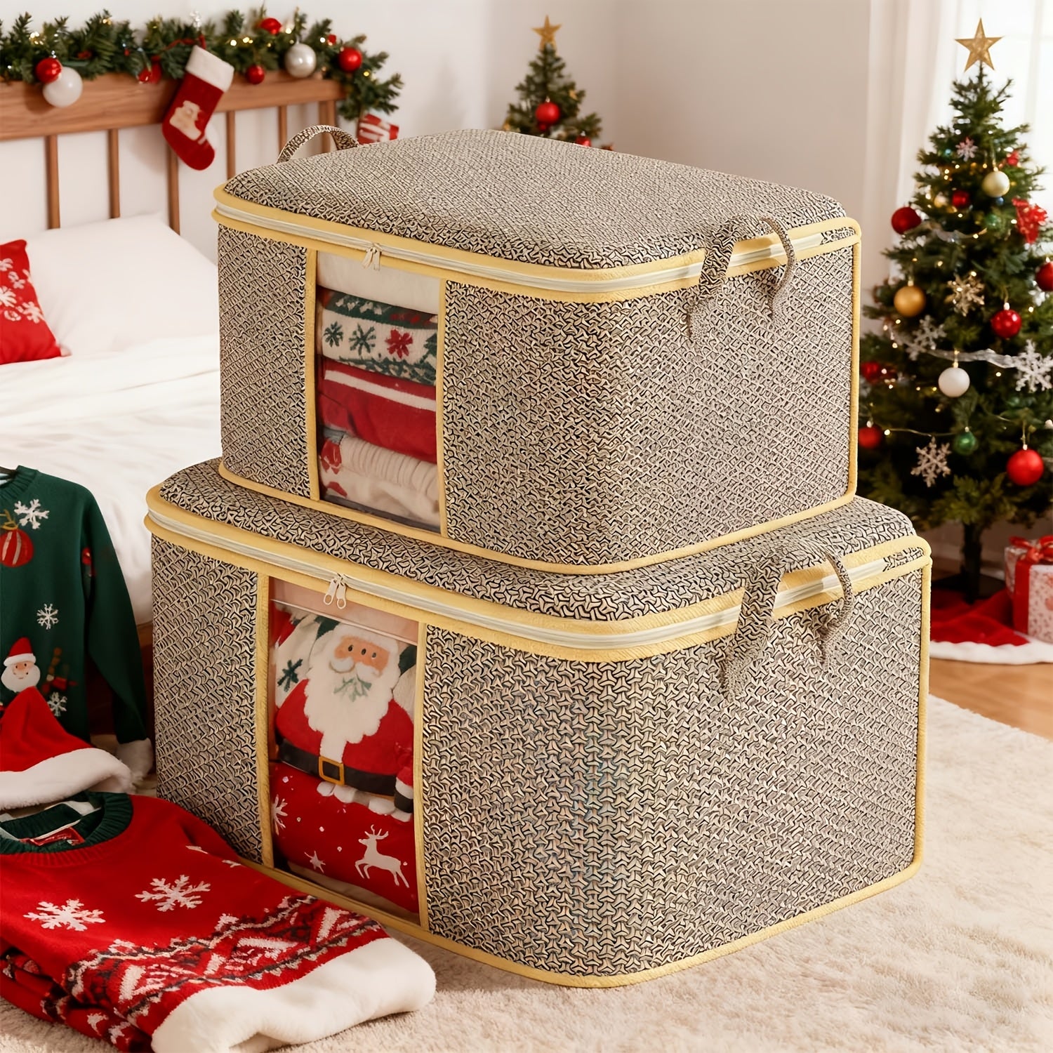 Lot de 2 sacs de rangement robustes, pour couettes et couvertures, avec poignées et fenêtre transparente, en tissu, style moderne, rangement sous-lit polyvalent.