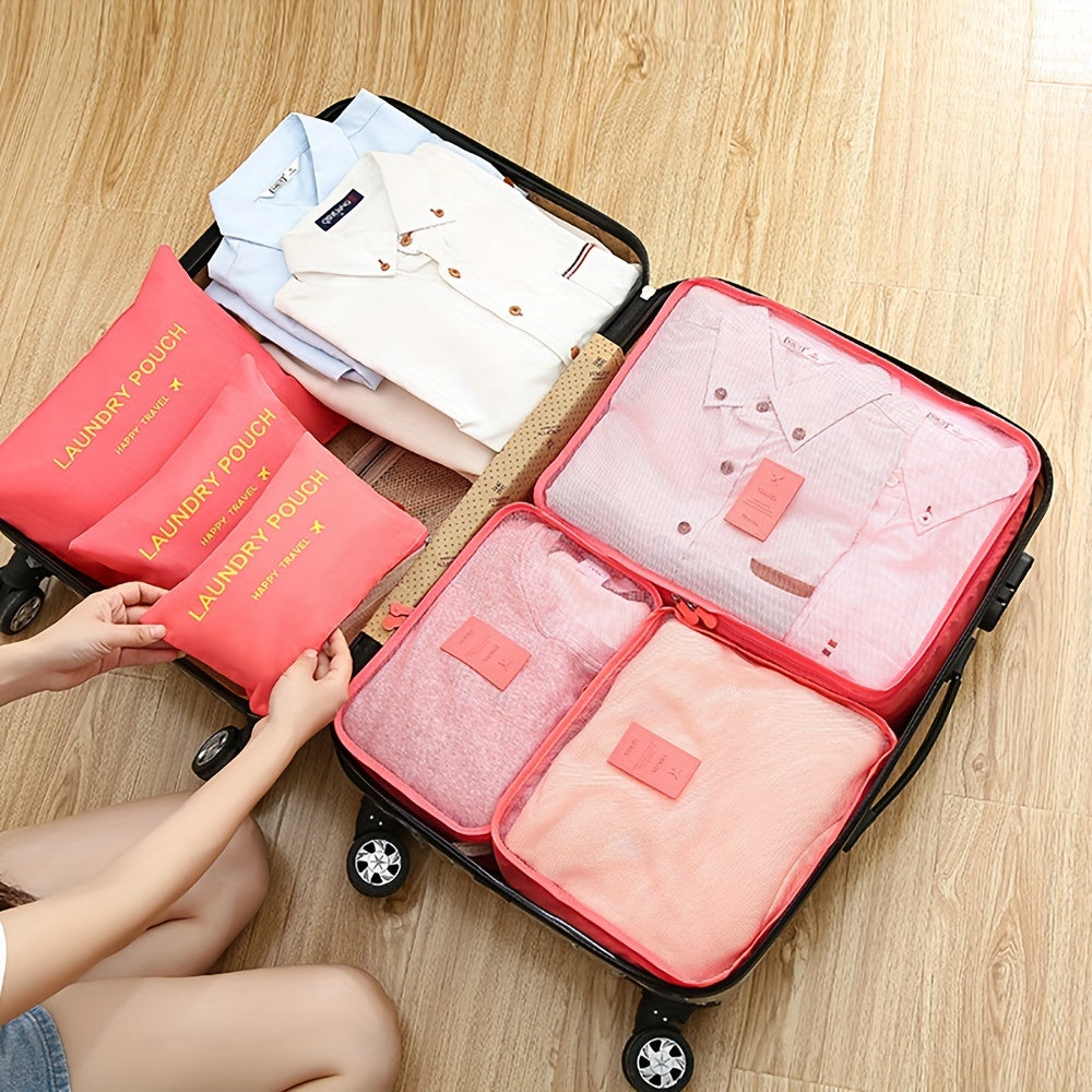 Set de 6 valises et accessoires de voyage, comprenant sac à vêtements, organisateurs, sacs chaussures et cubes de rangement, pratique pour tout déplacement.