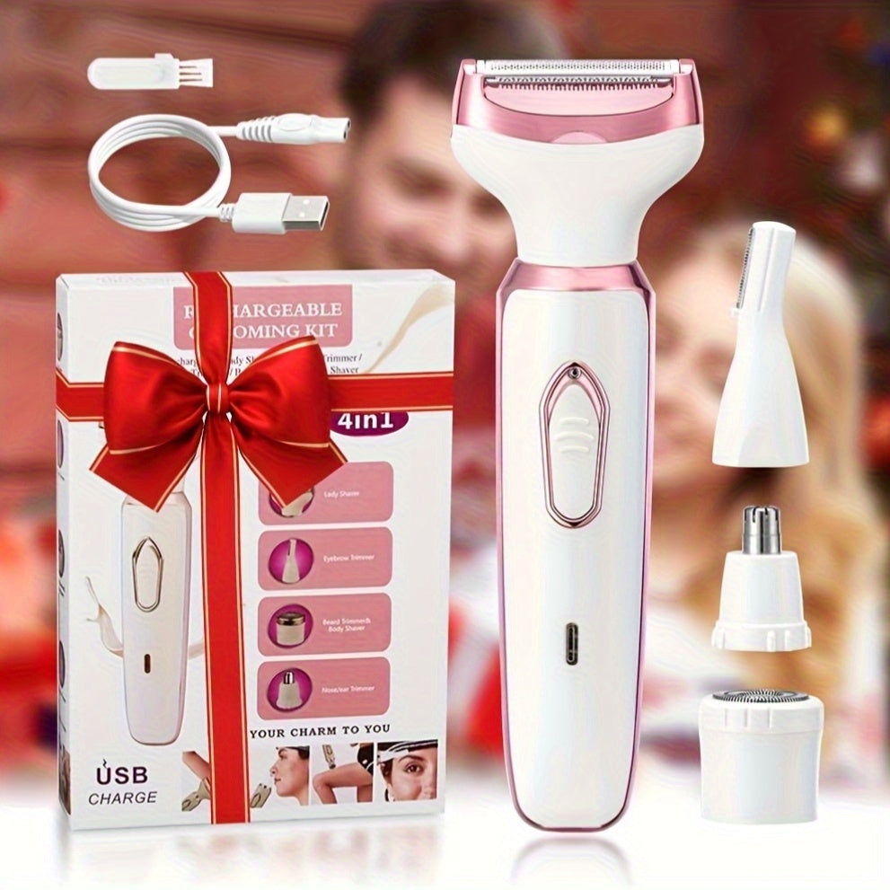 4-in-1 USB rechargeable epilator for women, face, eyebrows, nose and legs, compact design suitable for light skin tones, ideal for travel and as a gift.