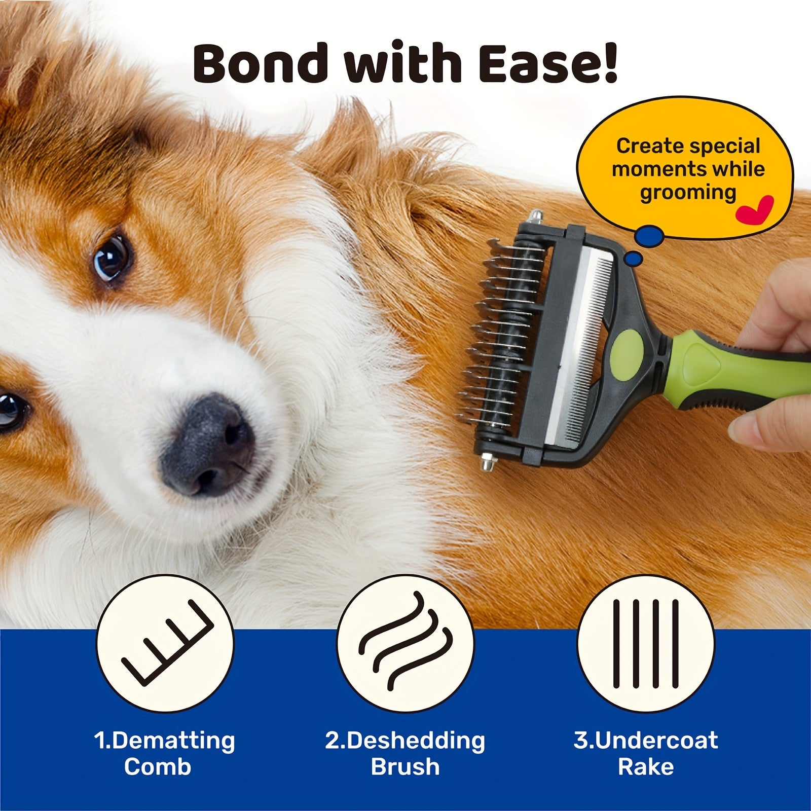 3-in-1 pet grooming tool. Undercoat rake, slicker brush, detangling comb for long and short hair, ideal for dogs and cats.