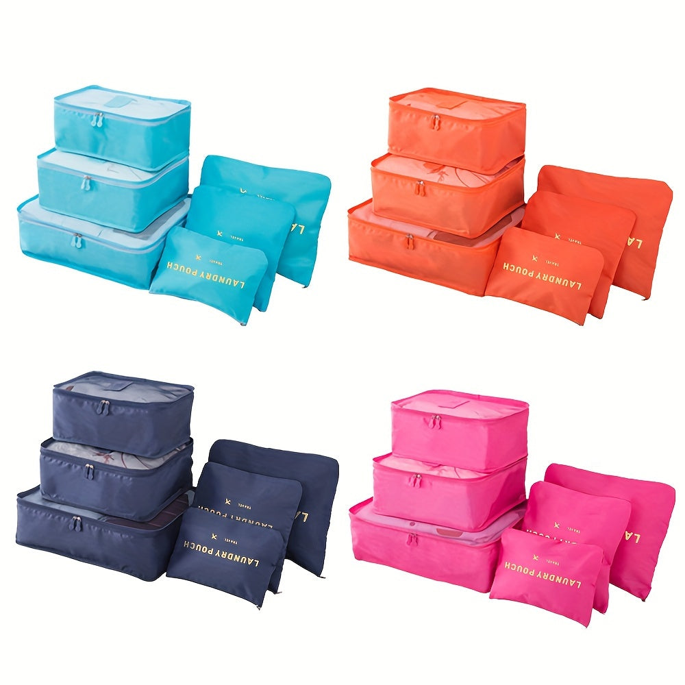 Set de 6 valises et accessoires de voyage, comprenant sac à vêtements, organisateurs, sacs chaussures et cubes de rangement, pratique pour tout déplacement.