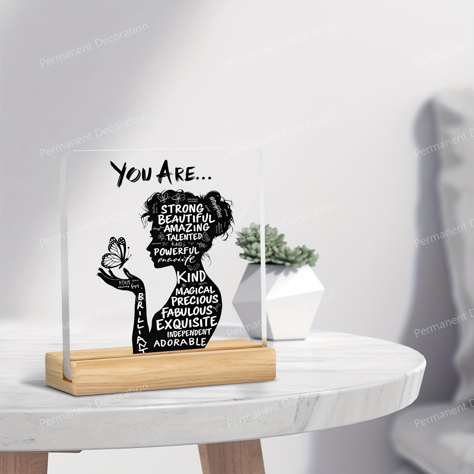 Décoration de bureau acrylique 2D avec affirmations positives « You Are Powerful, Beautiful, Amazing », design élégant, idéale maison, bureau ou café, cadeau parfait.