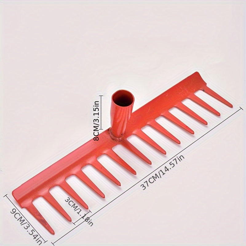 Râteau à feuilles et désherbage en métal robuste, dents durables, poignée ergonomique, efficace pour entretien de pelouse et jardin, construction solide.