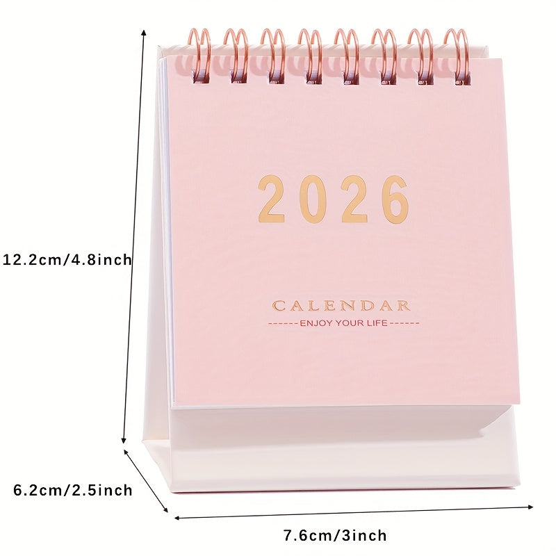Mini desk calendar 2026, monthly and weekly planner, thick 250 g/m² paper, double spiral binding, compact and elegant for home or office.