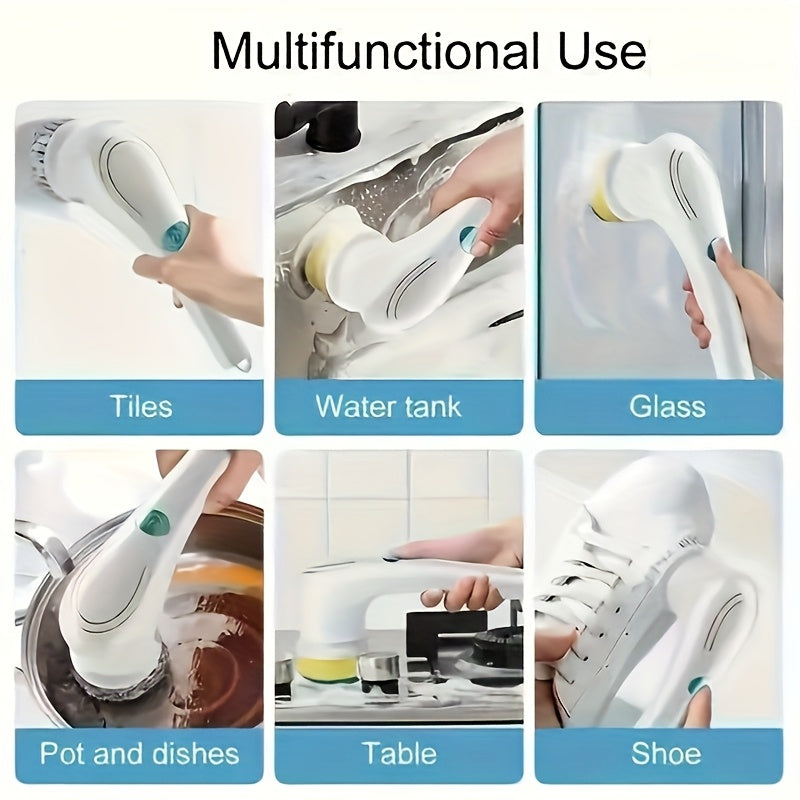 Magic electric brush with 5 heads, USB rechargeable, multi-purpose for kitchen, bathroom, floors and tiles, easily cleans pots and windows.