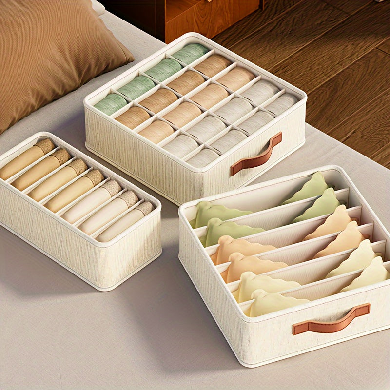 Organisateur de tiroir beige pliable avec poignées rose doré, empilable, en tissu, pour chaussettes, sous-vêtements, cravates et accessoires, solution moderne pour placard.