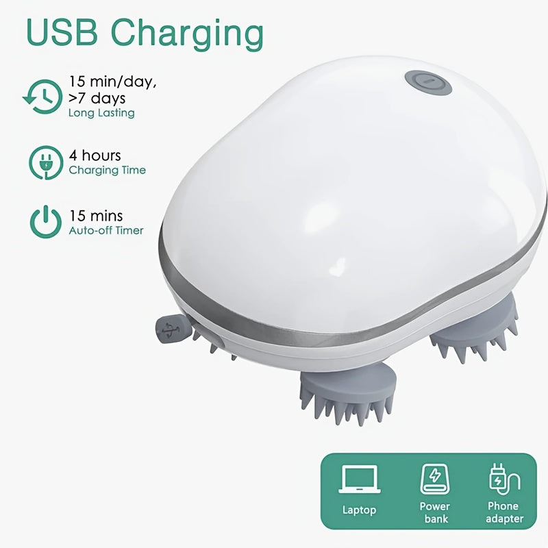 Masseur électrique pour cuir chevelu, portable USB. 4 griffes amovibles, 3 modes réglables, outil de relaxation profonde, adapté aux humains et aux animaux.