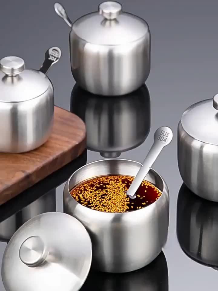 Lot 3 pcs : pot, couvercle et cuillère, acier inoxydable, multi‑usage pour sel, sucre, épices, installation sans perçage, réutilisable.