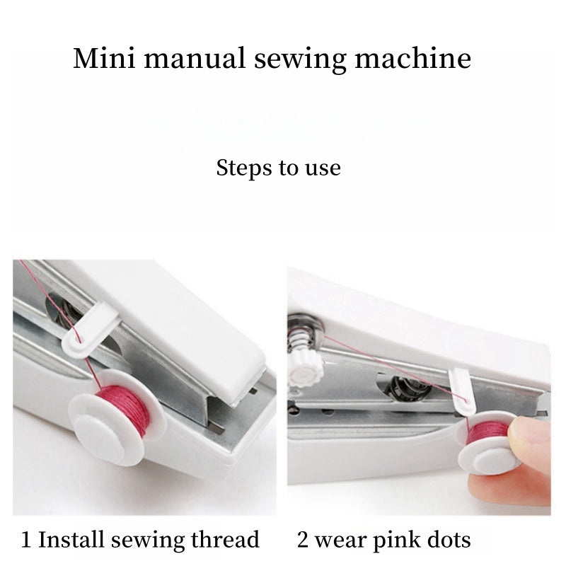 Mini portable sewing machine, manual and easy to use, ideal for home sewing, compact and practical, white color.