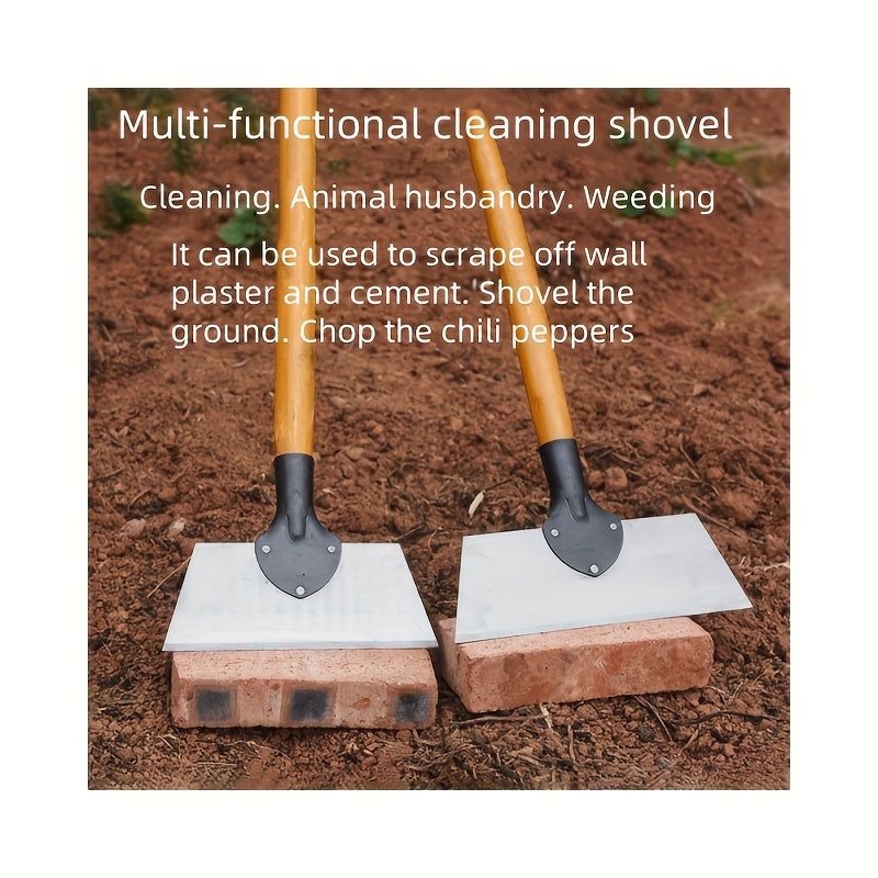 Multifunctional steel garden shovel, robust flat blade with integrated rake, ideal for weeding, lawn edging, digging and ice removal.