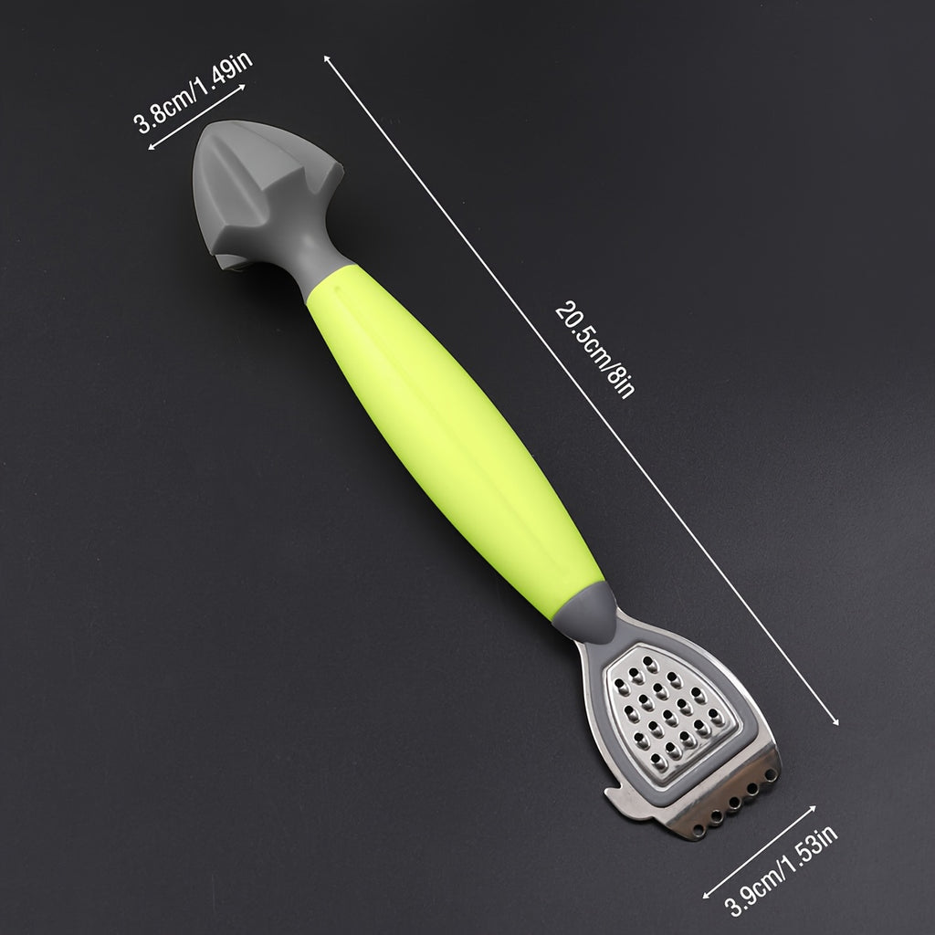 Zesteur et presse-citron multifonction vert, lame inox, râpe intégrée, ergonomique et durable, idéal pour jus et râpage d’agrumes en cuisine.