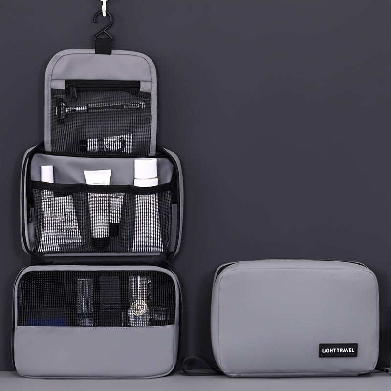 Grande trousse de toilette de voyage, résistante, multi-compartiments avec poches filet, idéale pour maquillage, salle de bain et déplacements.