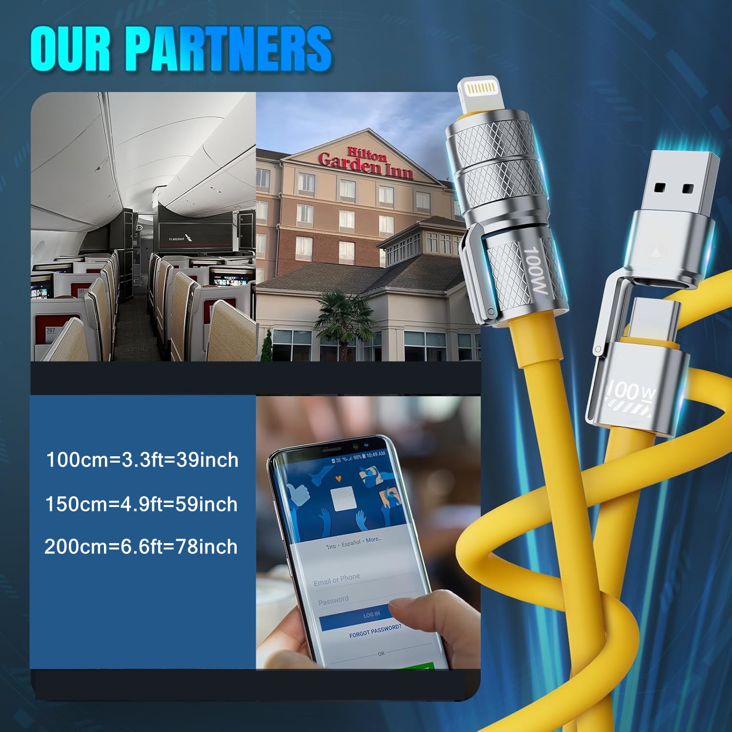 Câble de Charge 4-en-1 USB-C 100W : Type C/A vers C/Lightning, compatible iPhone, MacBook, iPad, Samsung, Huawei, Xiaomi, recharge multiple universelle.