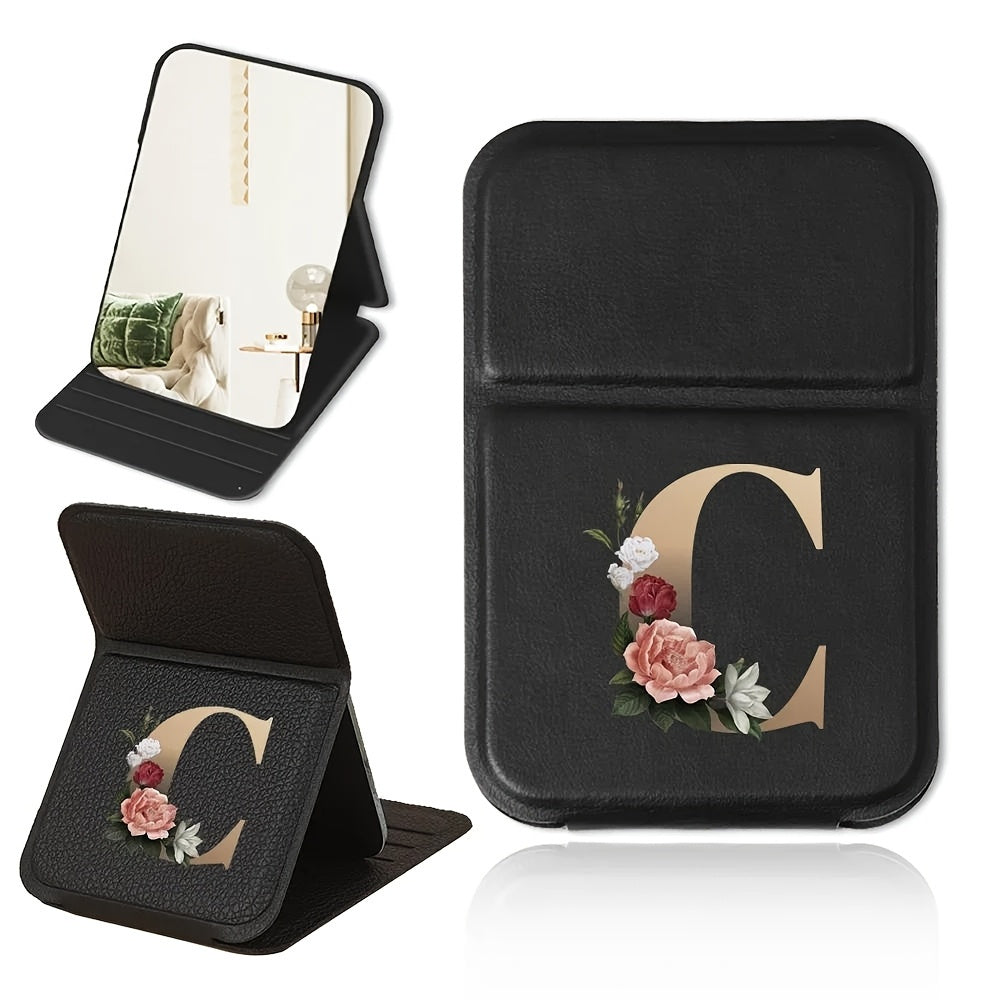 Portable folding makeup mirror, black and gold floral design, lightweight, waterproof and dustproof, perfect gift for teachers and loved ones.