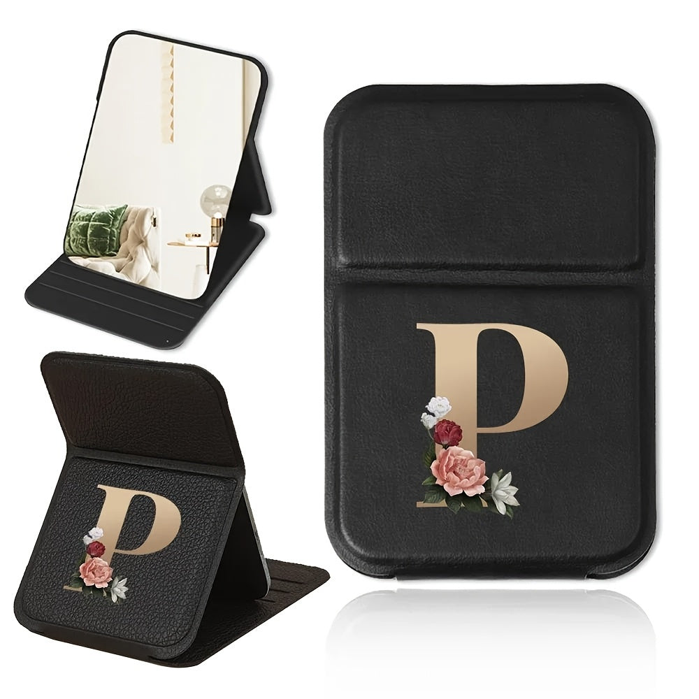 Portable folding makeup mirror, black and gold floral design, lightweight, waterproof and dustproof, perfect gift for teachers and loved ones.
