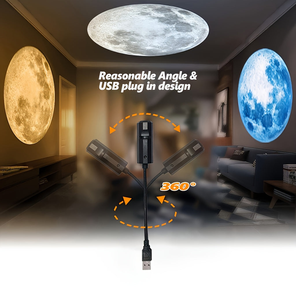 Set lampe LED projection lune 4 pcs 1 lumière principale + 3 couleurs (jaune, blanc, bleu), USB, portable, rotation 360°, idéale pour plafond, chambre ou décor événementiel.